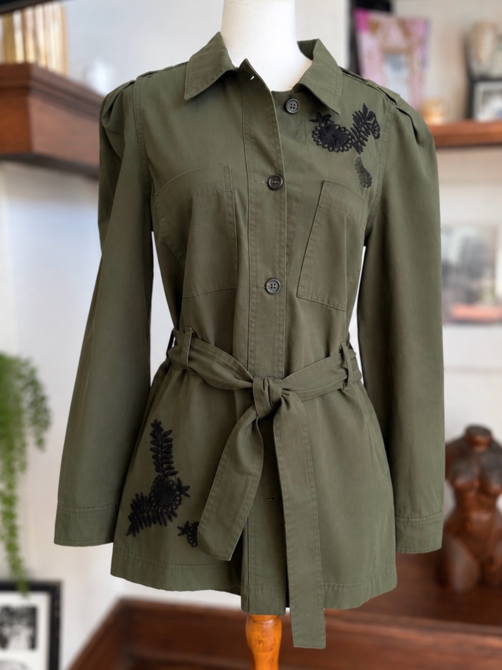 Who What Wear Olive Green Utility Jacket with Black Embroidery | 100% Cotton | M